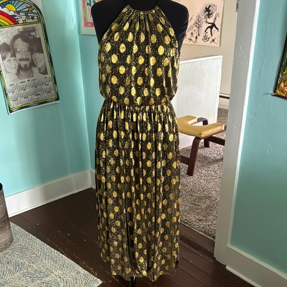 Sunday in Brooklyn, Long, gold black polkadot elastic waist cocktail dress M - Picture 1 of 7